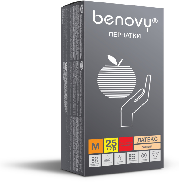 Перчатки BENOVY™ латексные неопудренные особопрочные удлиненные 13гр. (25 пар), синий